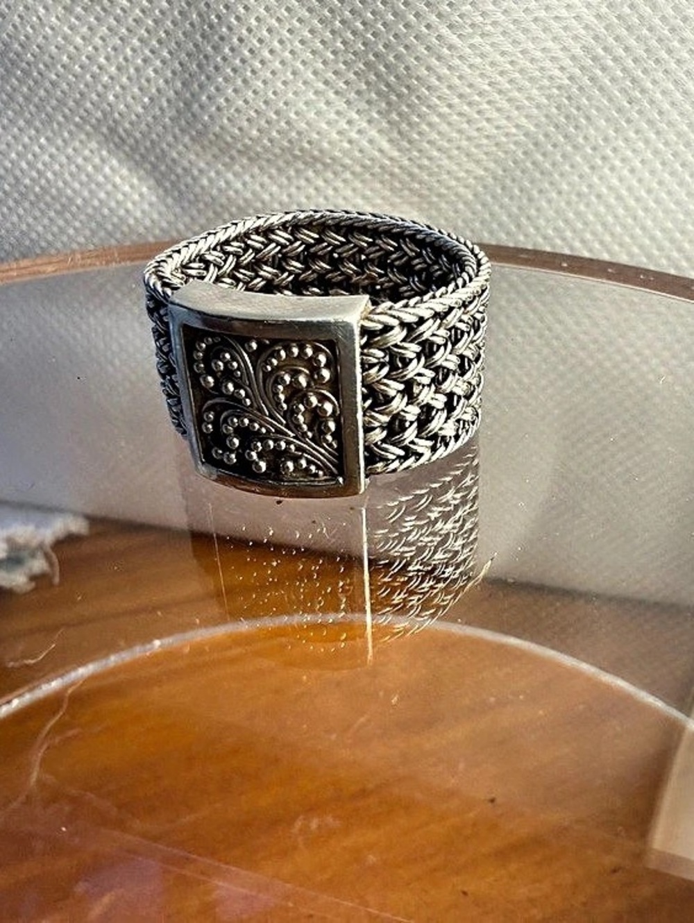 Lois Hill Textile Weave Scroll Plaque Ring Sterling Silver